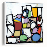 Framed abstract geometric canvas art in white, showcasing intricate patterns and bold lines, ideal for modern home decor. Side view highlights the frame's sleek design, enhancing any contemporary living space. Perfect addition for art enthusiasts seeking a stylish focal point.