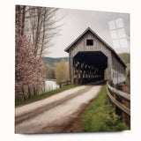 Side view of a large abstract wall art depicting a covered bridge, printed on acrylic glass.