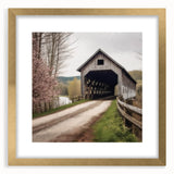 Extra large abstract art print featuring a textured depiction of a covered bridge in muted earth tones.