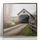 Mid-century modernist art of a covered bridge in muted earth tones on a framed acrylic, suitable for modern art wall decor.