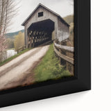 Extra large framed canvas featuring a textured, colorful close-up of a covered bridge, ideal for living room decor.