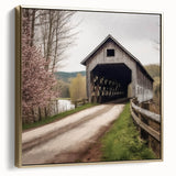 Framed canvas featuring a vintage-style landscape painting of a covered bridge in silver and gold tones.