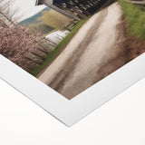 Art deco poster of a covered bridge in muted gray tones on rolled canvas, ideal for dining room wall art.