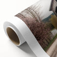 Art deco style poster of a covered bridge in muted blue and gray tones on rolled canvas, suitable for nursery wall art.