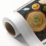 Art deco poster featuring 50 illustrated food dishes in muted pastel shades on rolled canvas, ideal for dining room decor.