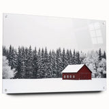 A side view of a landscape barn acrylic glass design, showcasing vibrant colors and intricate details, mounted with stylish pins for display. Perfect for home decor.