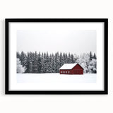 Black-framed landscape barn artwork with a mat showcasing a picturesque rural scene, designed for wall decor in modern home interiors. Ideal for farmhouse aesthetics.