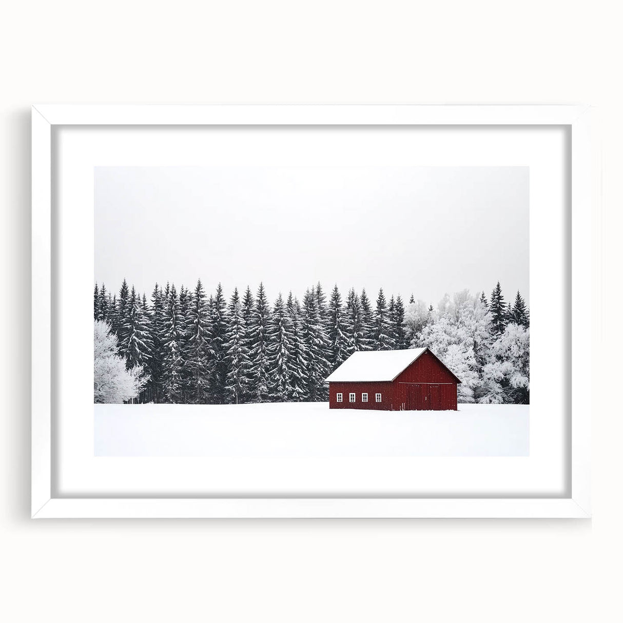 Landscape barn frame with a white mat, showcasing a serene countryside scene, perfect for home decor. The frame's rustic wood texture enhances the artwork's charm.