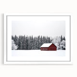 Landscape barn frame with a white mat, showcasing a serene countryside scene, perfect for home decor. The frame's rustic wood texture enhances the artwork's charm.