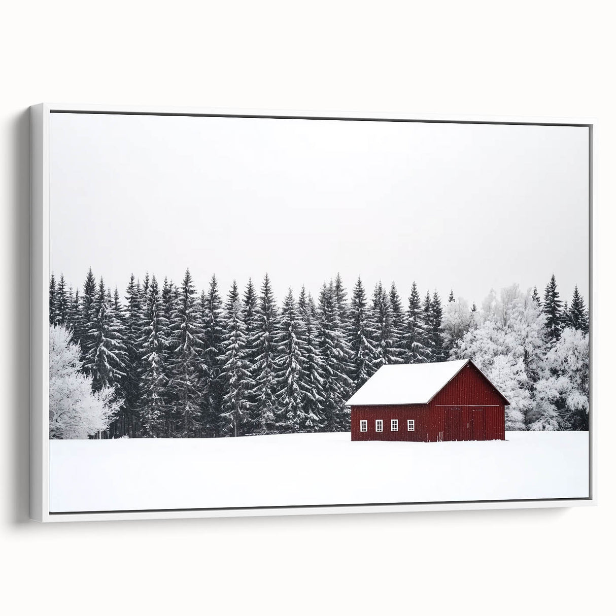 Landscape barn-framed canvas artwork showcasing a serene rural scene with vibrant colors, displayed from a side view to highlight its depth and texture. Ideal for home decor or as a gift for nature lovers.
