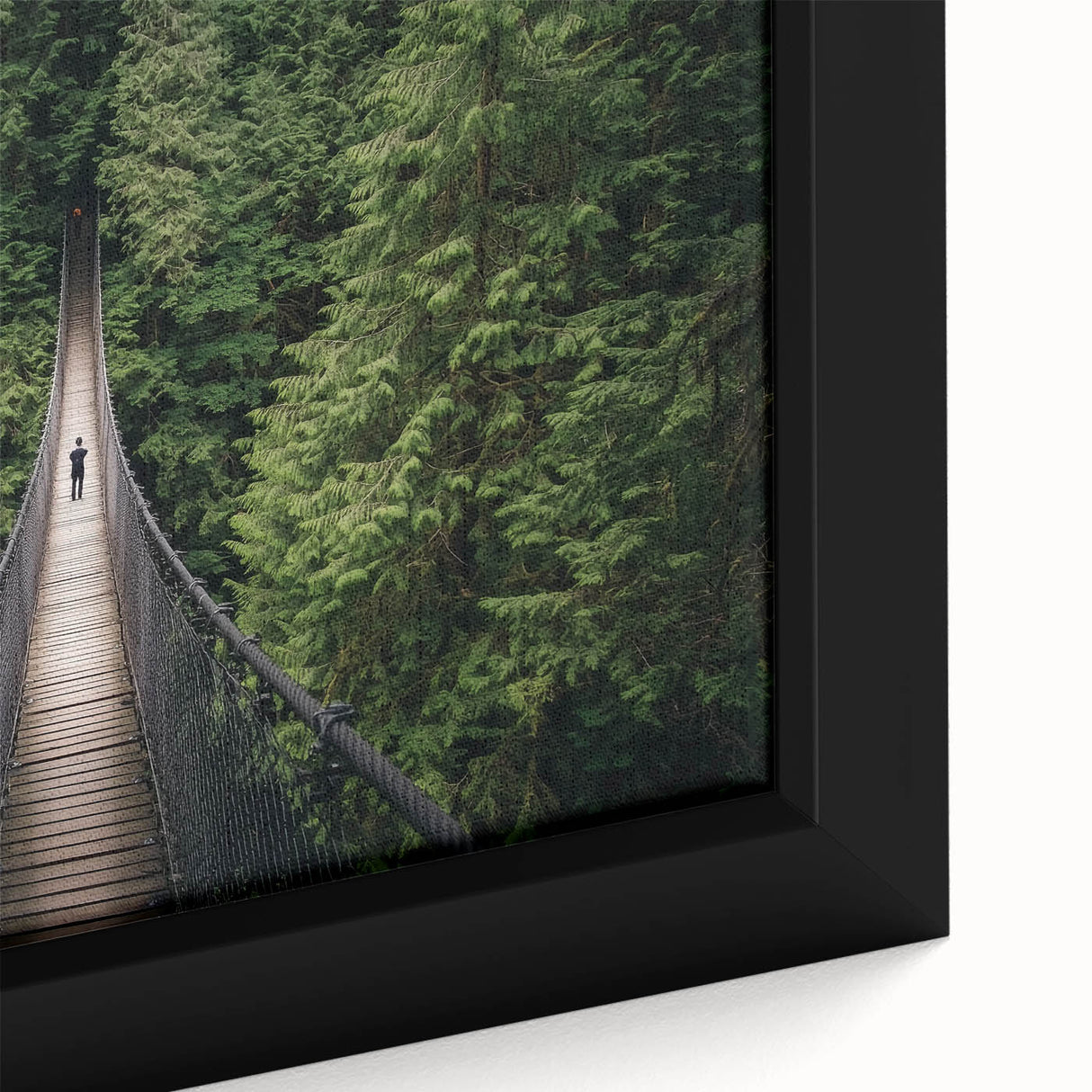 Close-up view of a framed landscape bridge canvas art piece, showcasing vibrant colors and intricate details, ideal for enhancing home decor with nature-inspired themes.