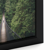Close-up view of a framed landscape bridge canvas art piece, showcasing vibrant colors and intricate details, ideal for enhancing home decor with nature-inspired themes.