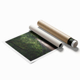 Rolled print showcasing a vibrant landscape bridge scene, featuring lush greenery and a clear blue sky, packaged securely in a protective cardboard tube.
