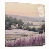 Landscape countryside wall art displayed in a side view, showcasing vibrant colors and detailed textures on acrylic glass, secured with decorative pins.