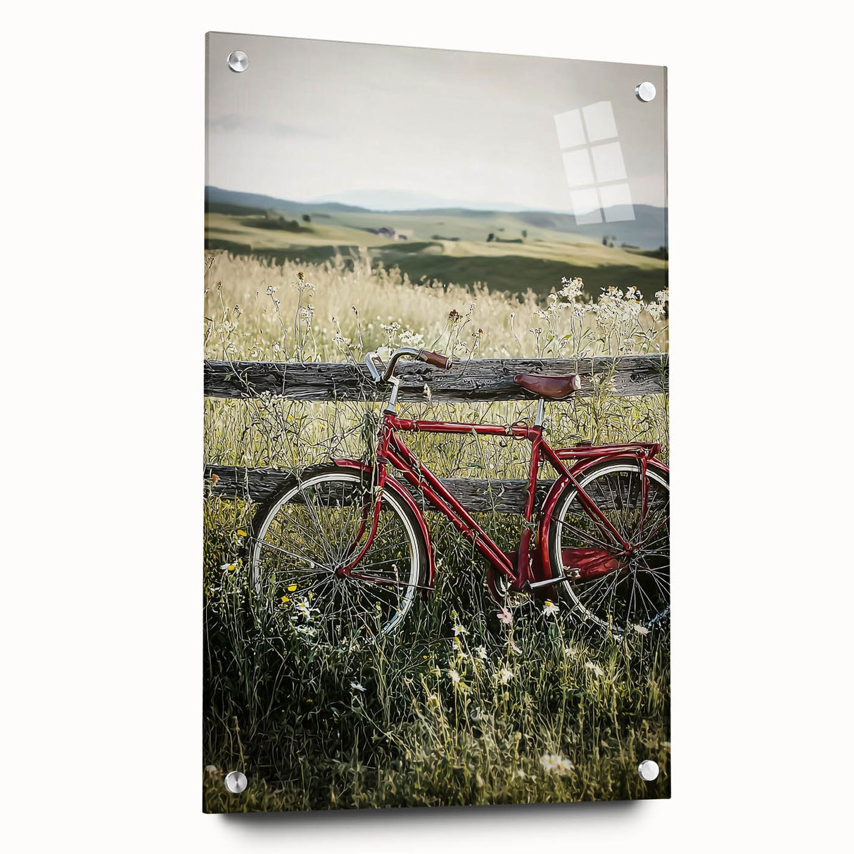Acrylic glass display of a vibrant countryside landscape design with colorful pins, showcasing detailed scenery and artistic depth for wall decoration.