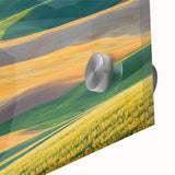 Close-up of a vibrant acrylic glass artwork depicting lush green fields under a bright blue sky, showcasing intricate details and rich colors, perfect for home decor.