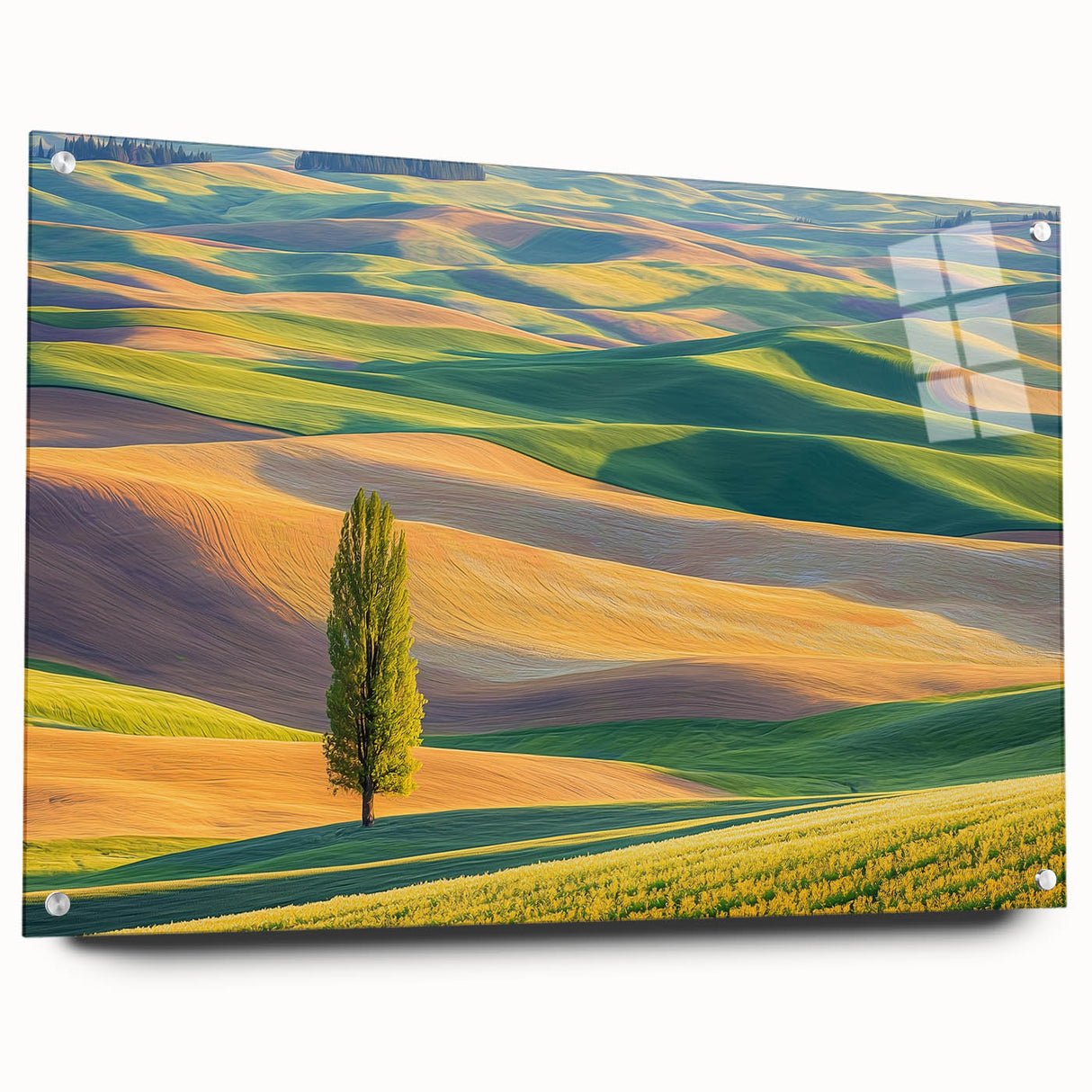 Acrylic landscape design showcasing vibrant green fields and blue skies, viewed from the side with decorative pins holding it in place, ideal for modern home decor.