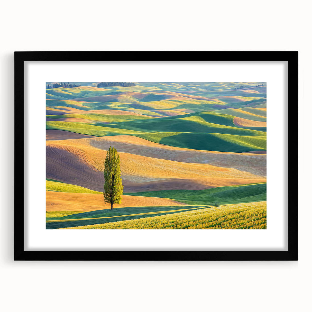 Black-framed landscape art print showcasing a serene field scene, complete with a white mat, ideal for home decor or office styling. Perfect for nature enthusiasts.