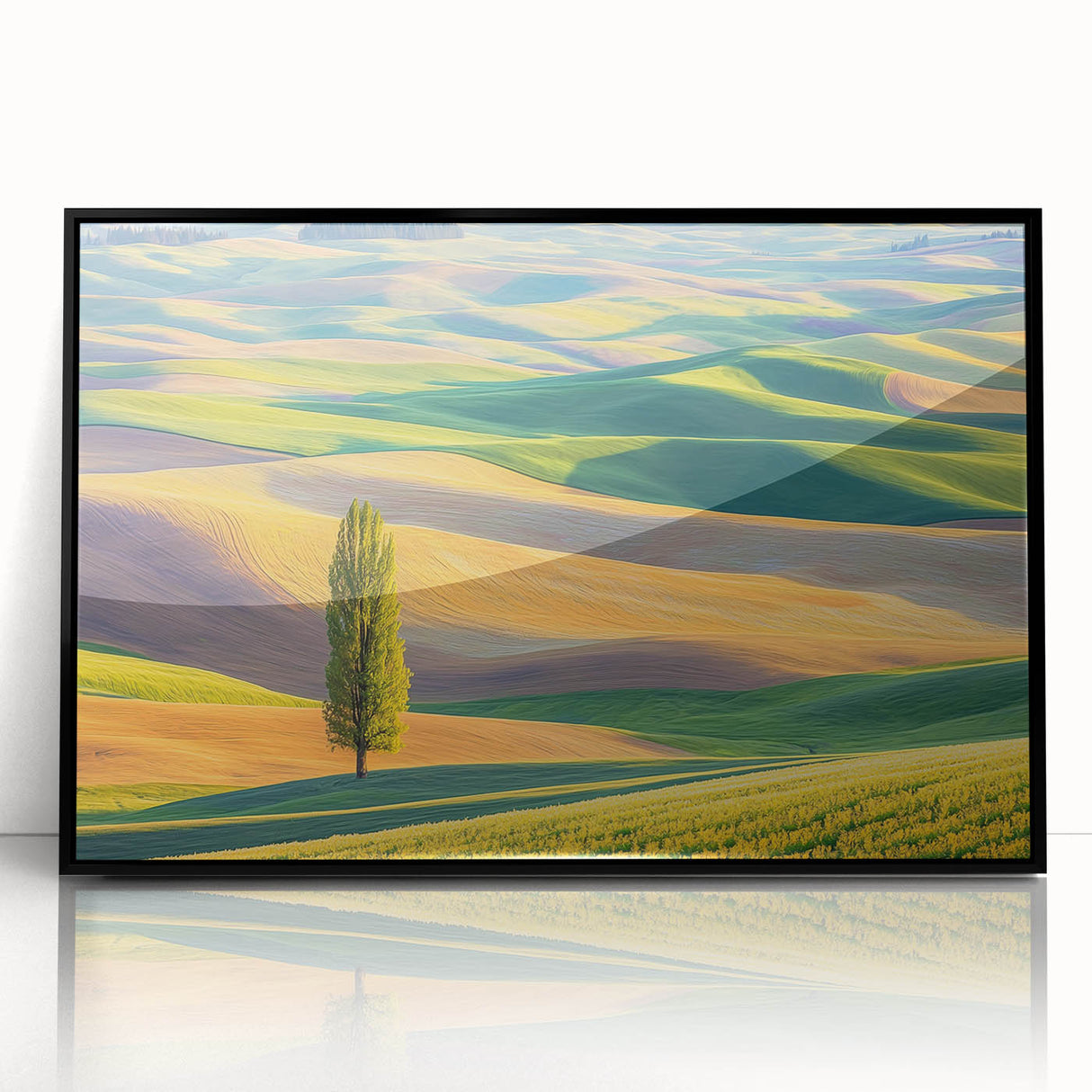Framed acrylic artwork showcasing a vibrant landscape of rolling fields under a blue sky, with a sleek black frame, perfect for modern home decor.