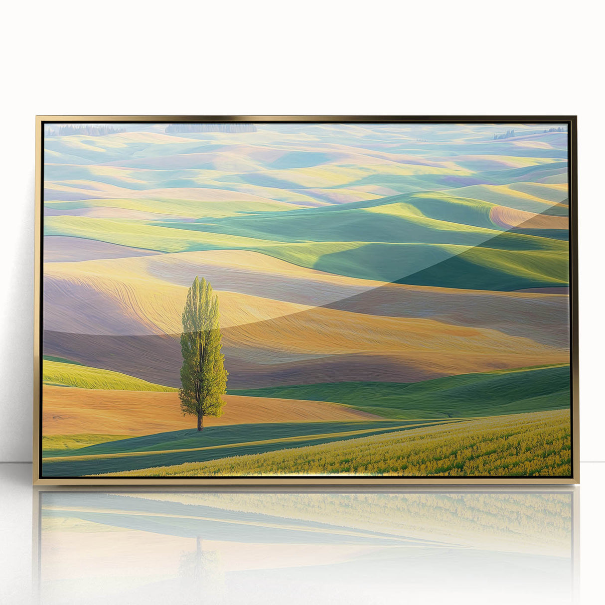 Framed acrylic print of a serene field landscape with vibrant green grass and golden accents, perfect for home decor or office settings, adding a touch of nature's beauty.