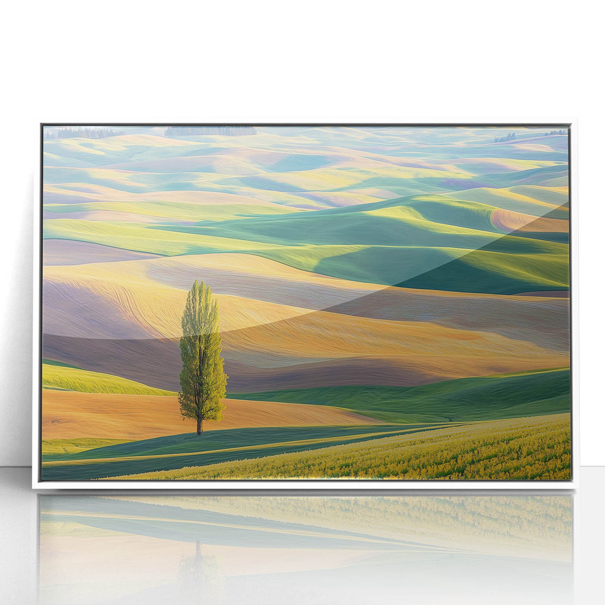 Framed acrylic artwork showcasing a serene landscape of lush green fields under a bright blue sky, ideal for home decor and nature enthusiasts.