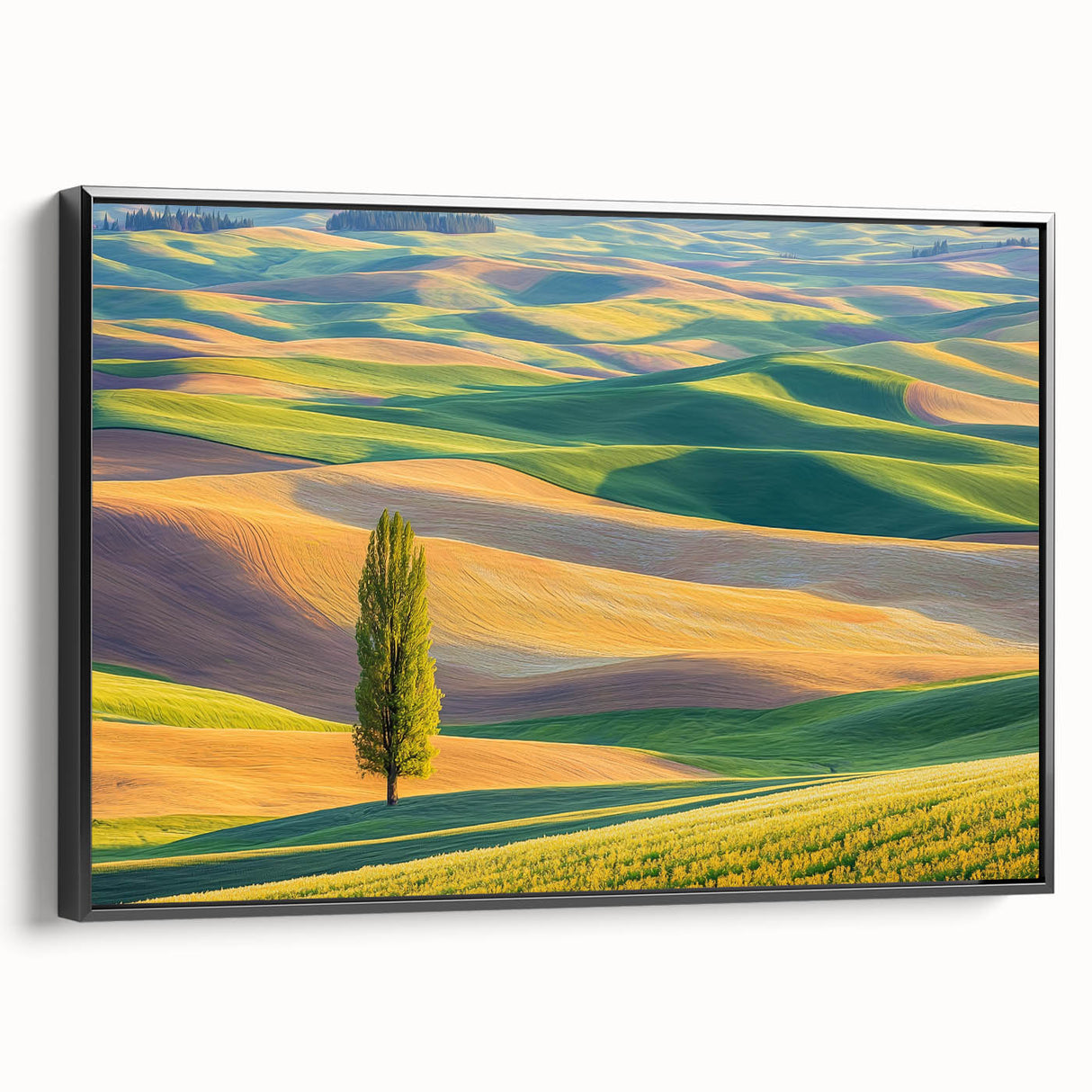 Framed canvas showcasing a serene landscape of green fields and blue skies, with a sleek black frame, perfect for home decor and enhancing living spaces.