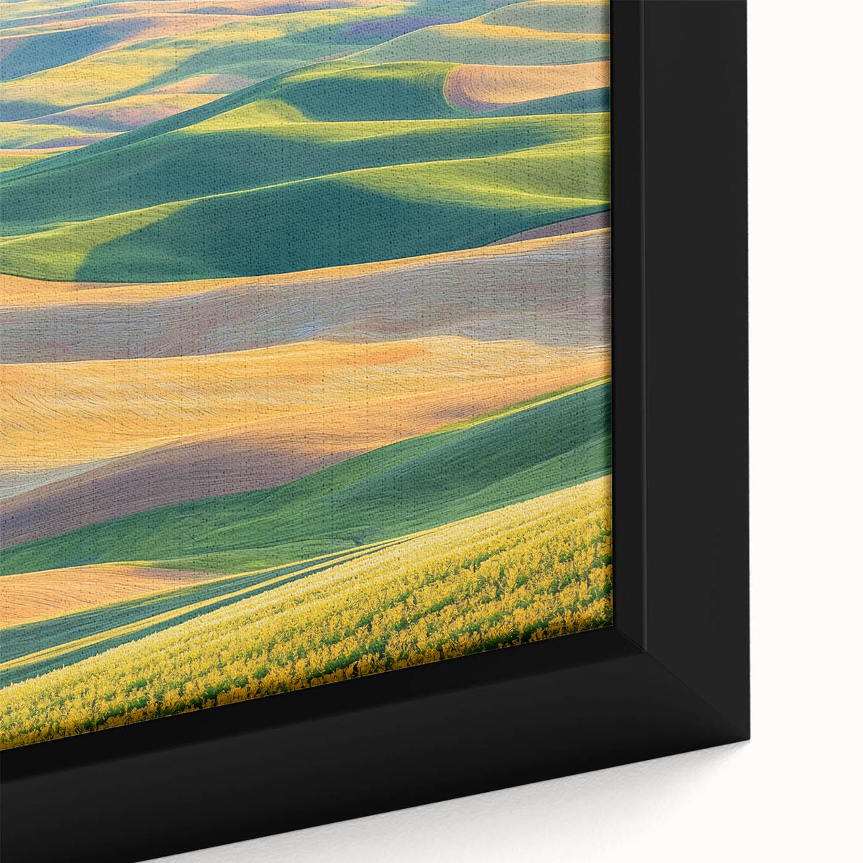 Framed canvas close-up showcasing vibrant landscapes with rich colors and intricate details, perfect for enhancing home decor in any setting.
