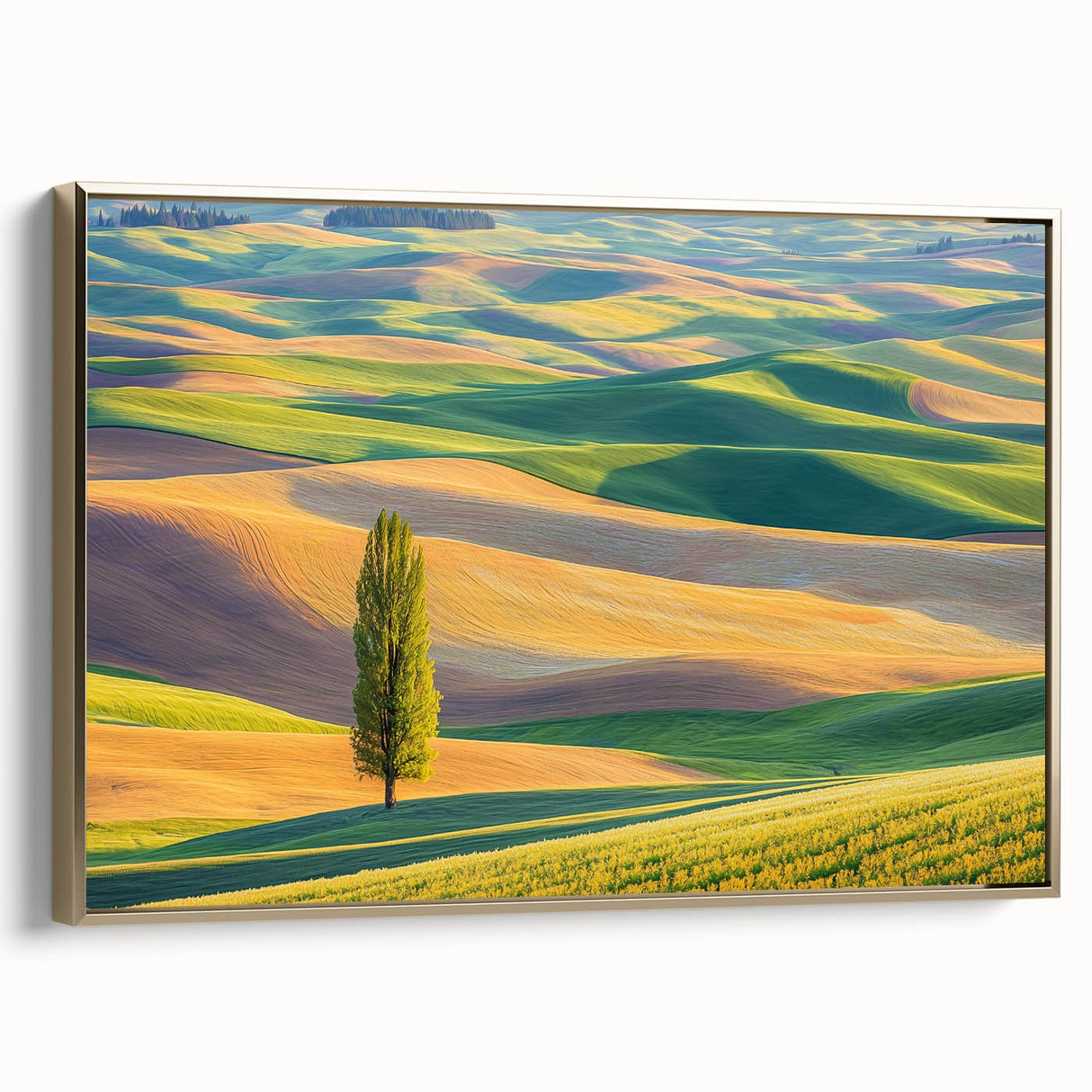 Framed canvas artwork showcasing a serene landscape with golden accents, elegantly displayed from the side, perfect for home decor or office enhancement.