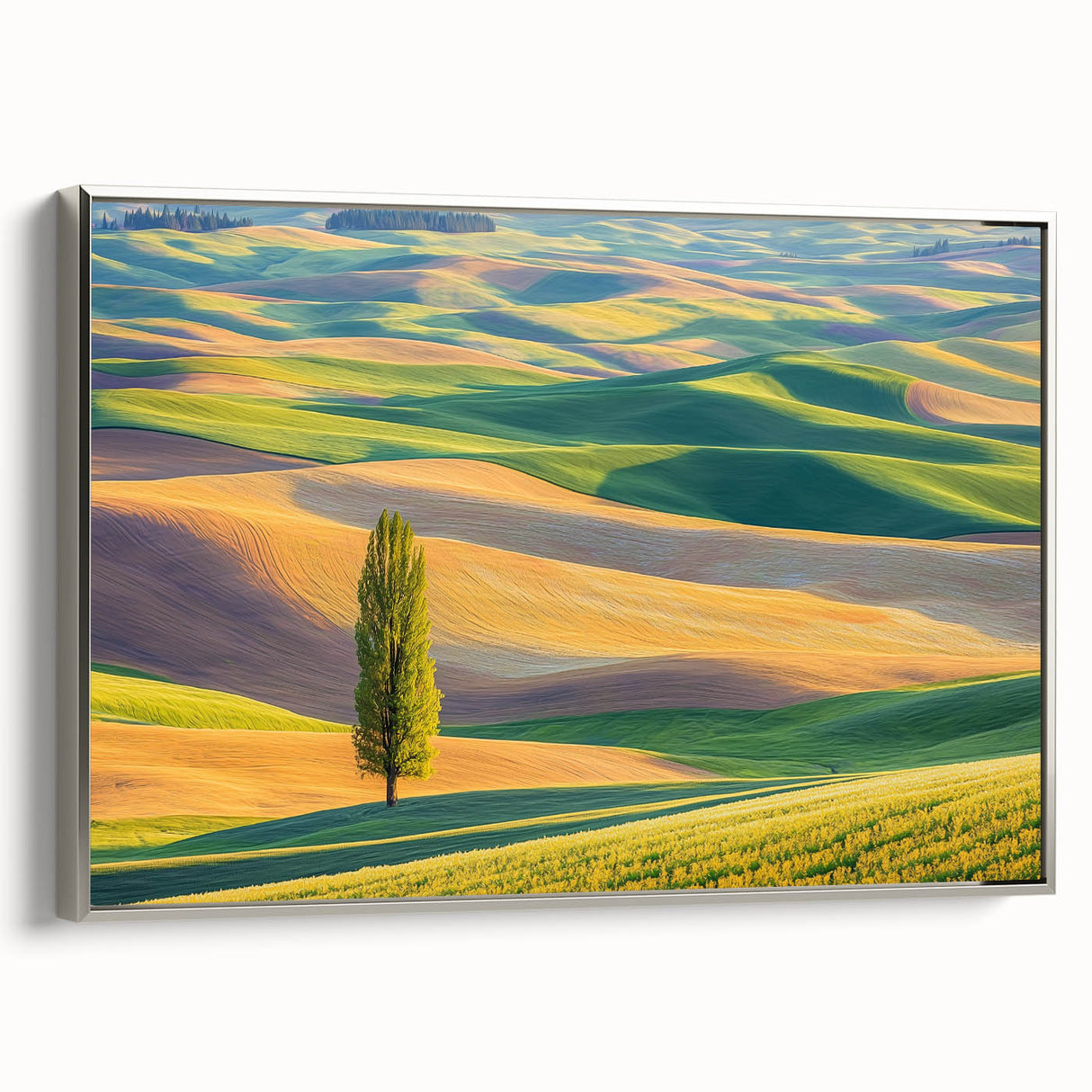Framed canvas artwork depicting a serene landscape with golden fields, showcased from a silver side view. Perfect for enhancing modern home decor and tranquil spaces.