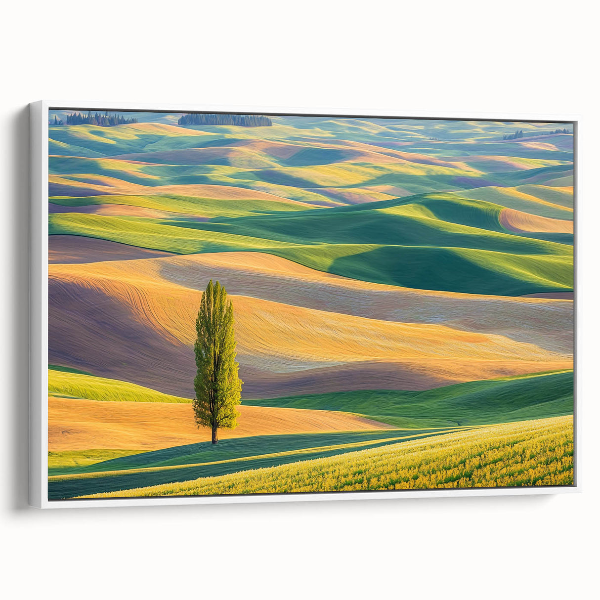 Framed canvas artwork depicting a serene landscape of rolling fields in soft greens and yellows, showcased from a white side view, perfect for home decor.