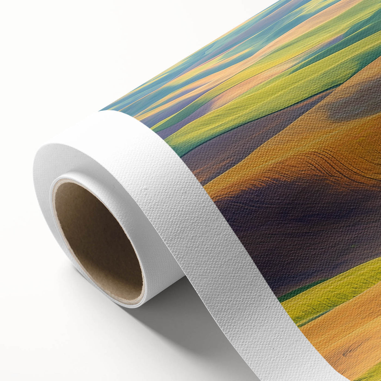 Rolled canvas showcasing a vibrant landscape design with fields and rolling hills, featuring rich greens and warm earth tones, elegantly packaged in a protective tube.