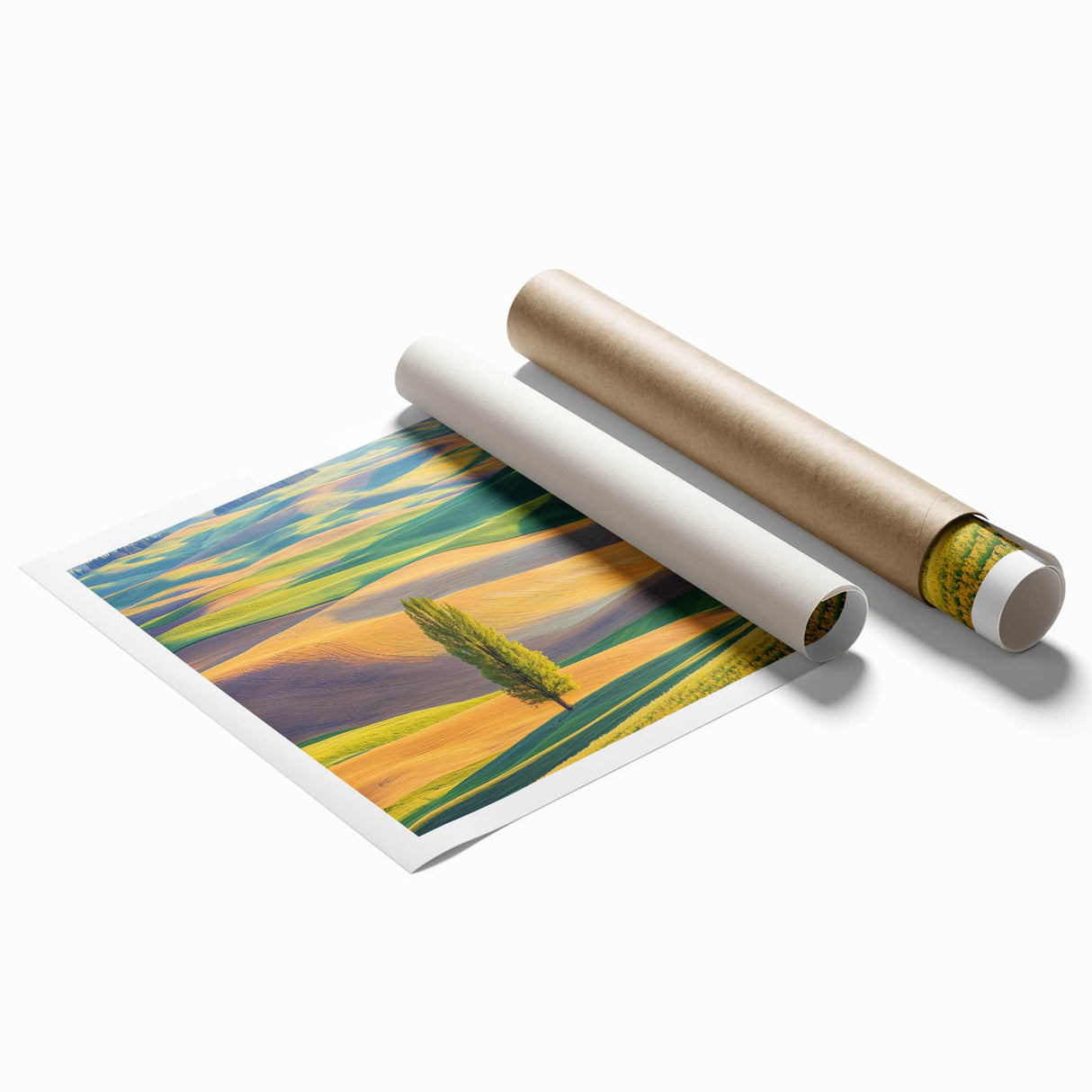 Vibrant rolled print of a serene landscape showcasing lush green fields under a clear blue sky, elegantly packaged in a durable cardboard tube for safe transport.