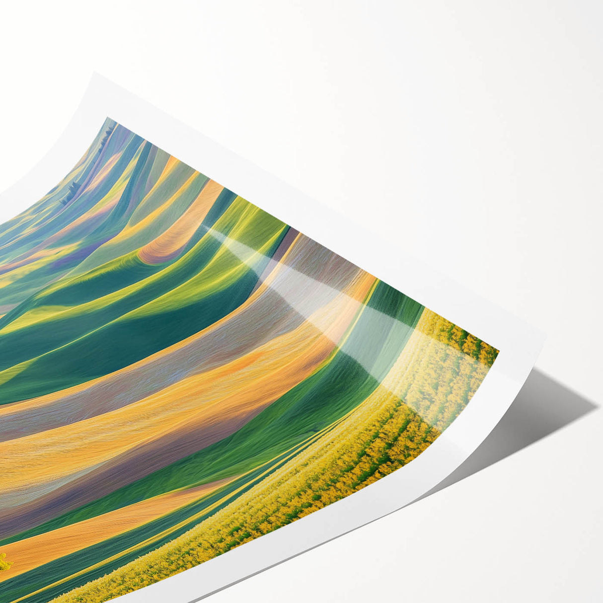 Vibrant rolled print showcasing a serene landscape with rolling fields and a dramatic sky, elegantly packaged in a protective cardboard tube for easy display.