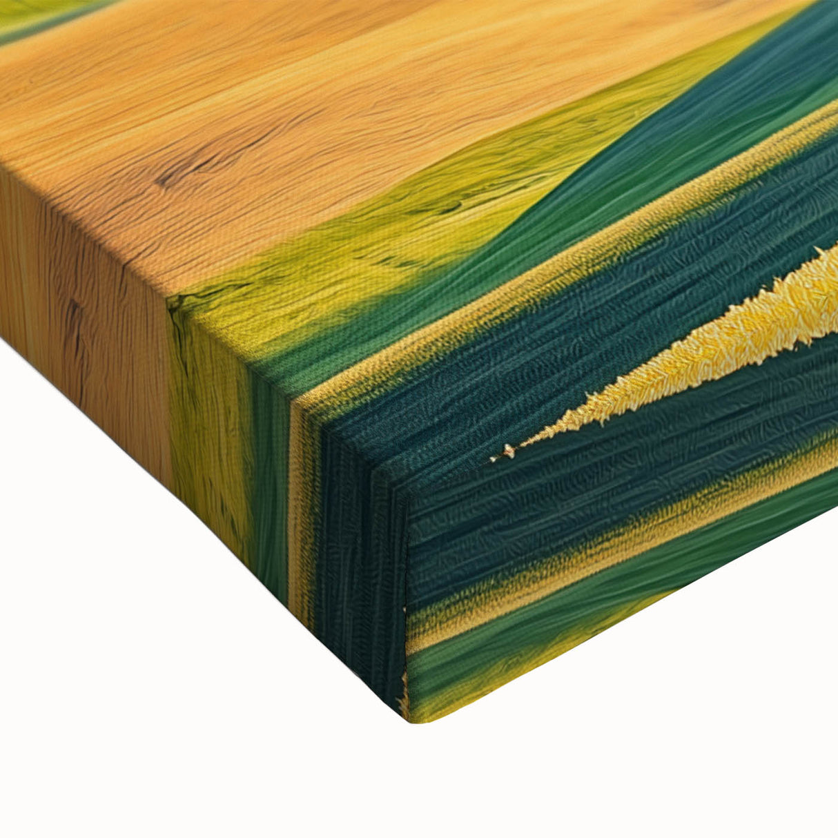 Close-up of a stretched canvas depicting a vibrant landscape with rolling fields, showcasing rich greens and yellows that evoke a serene, natural ambiance. Ideal for home decor, this artwork brings the beauty of nature indoors.