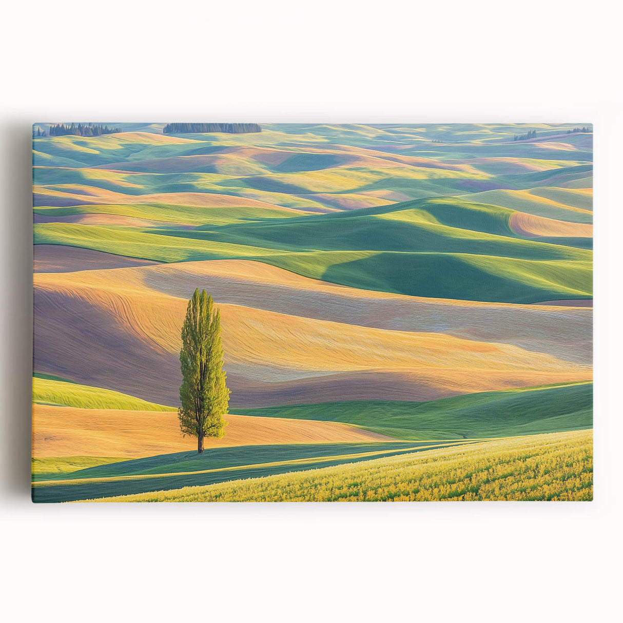 Stretched canvas artwork showcasing a vibrant landscape of lush green fields under a blue sky, perfect for adding natural beauty to any interior decor.