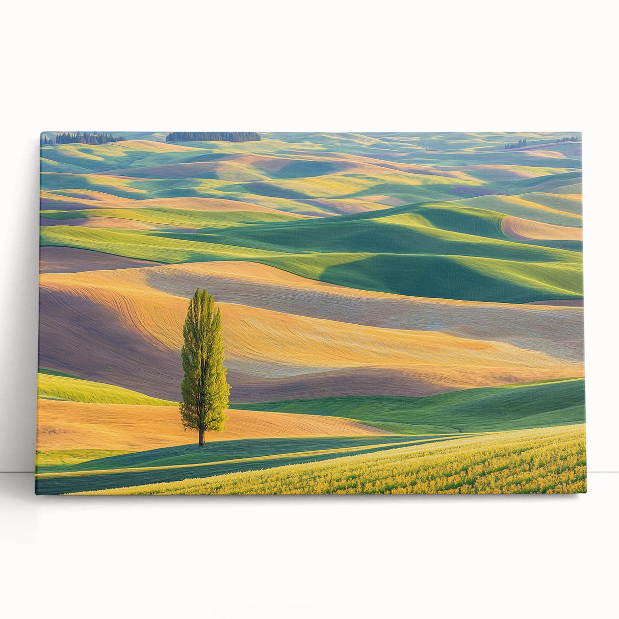 Stretched canvas artwork depicting a serene landscape of rolling fields under a blue sky, showcasing vibrant greens and golden hues, perfect for home decor.