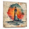 Acrylic glass wall art depicting a serene lighthouse landscape, showcasing vibrant colors and intricate details, mounted with pins for a stylish display.
