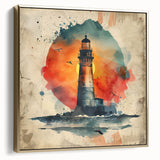 Framed canvas wall art featuring a serene lighthouse landscape design, accented with silver and gold tones, ideal for coastal-themed home decor.