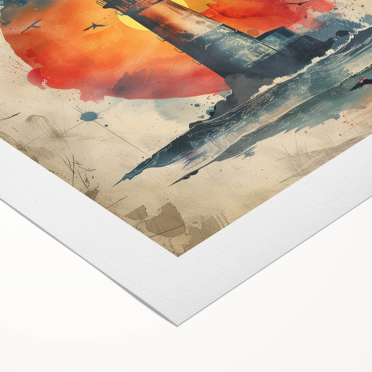 Rolled canvas artwork depicting a serene lighthouse scene amidst a vibrant coastal landscape, showcasing rich colors and intricate details, perfect for home decor.