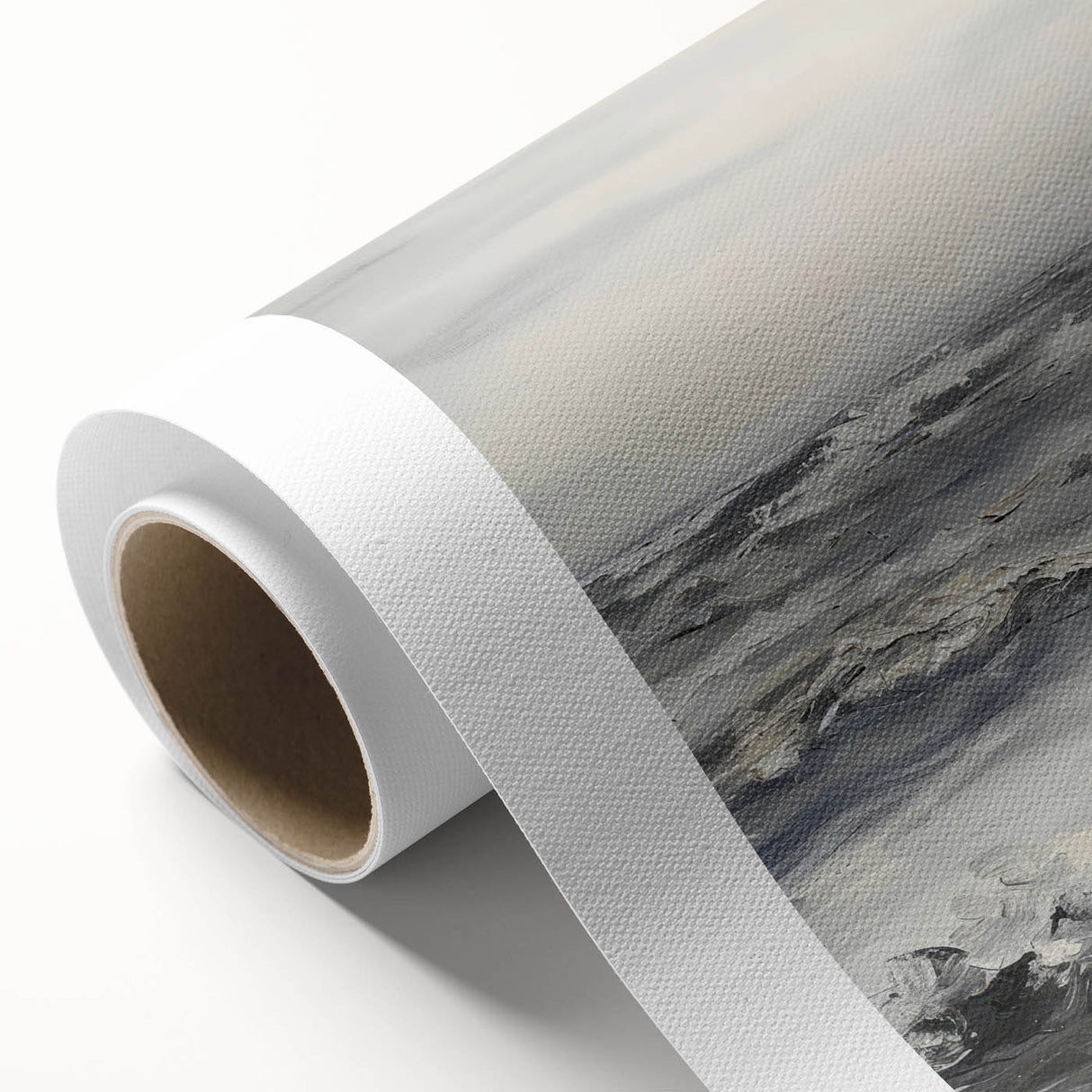 Rolled canvas showcasing a vibrant landscape design with rich colors and intricate details, securely packaged in a protective cardboard tube for delivery.