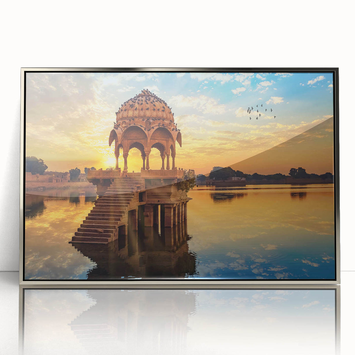 Mid-century modernist art depicting an Indian scenery in muted earth tones on a framed acrylic print.