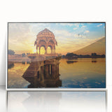 Acrylic print of a serene Indian landscape in soft pastel shades, framed in white, suitable for modern art wall decor.