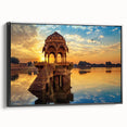 Black and white framed canvas depicting a vintage-style Indian landscape, ideal for bedroom wall decor.
