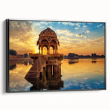 Black and white framed canvas depicting a vintage-style Indian landscape, ideal for bedroom wall decor.