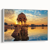 Vintage poster art of a colorful Indian scenery on a large framed canvas, ideal for living room decor.
