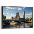 Black and white wall art of London landscape on framed canvas, ideal for bedroom decor, featuring vintage poster style.