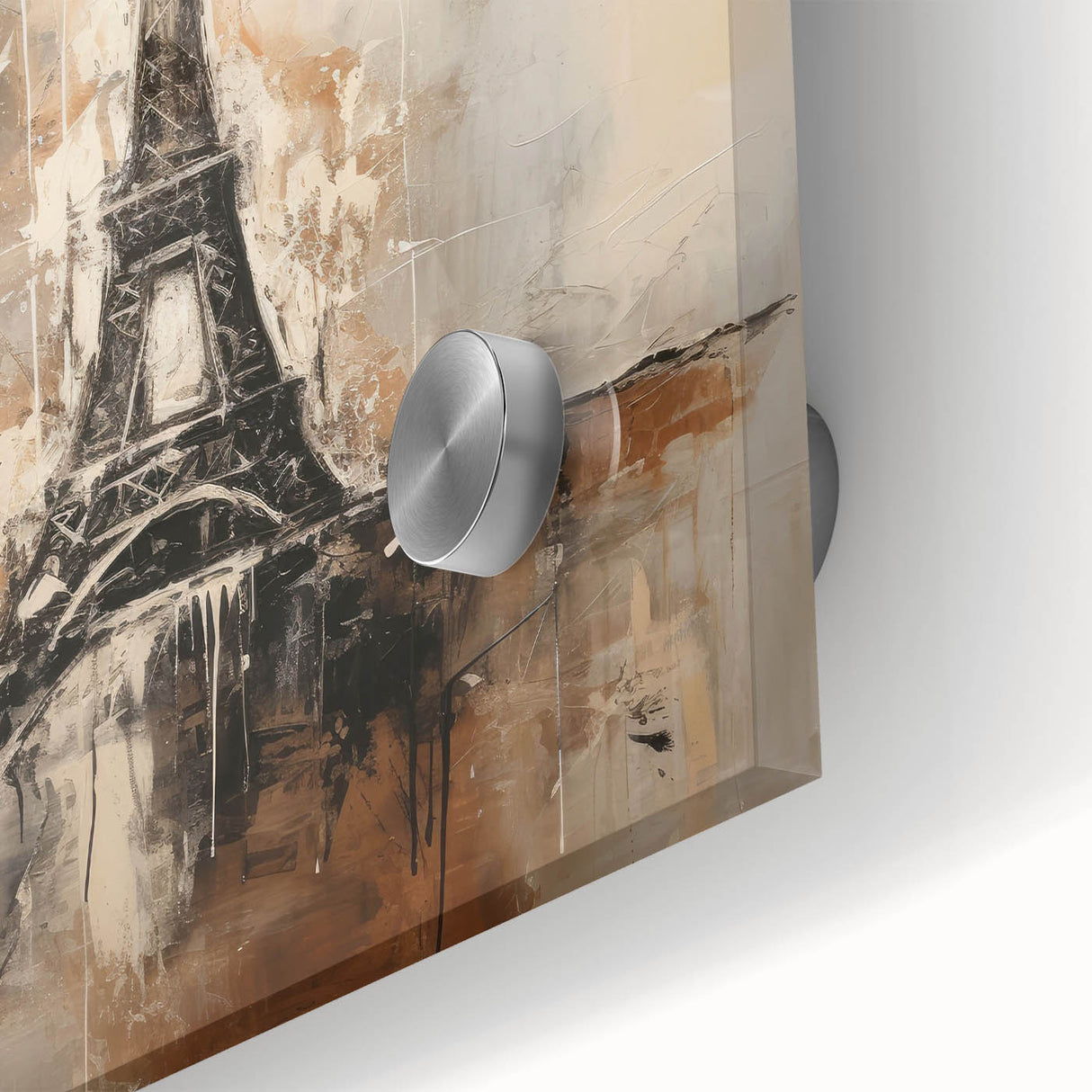 Large abstract depiction of Paris skyline in muted gray and blue tones on acrylic glass, suitable for dining room art.