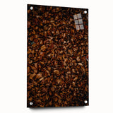 Large abstract wall art depicting autumnal trees in orange and red, printed on acrylic glass.