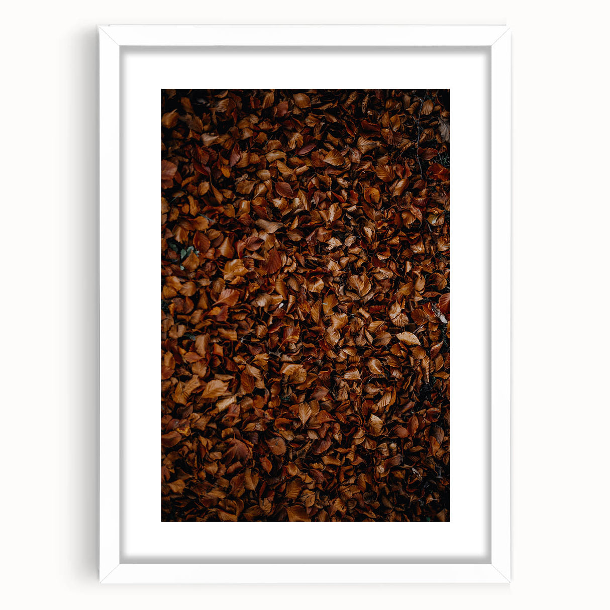 Abstract art print depicting autumnal trees in orange and yellow, framed in white, suitable for dining room decor.