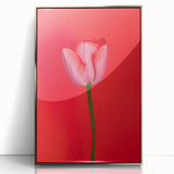Mid-century modernist art depicting spring with vibrant green and pink tones on a silver-framed acrylic print.